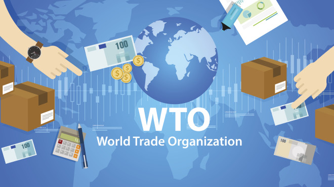 World trade Organisation mit Weltkugel, Geldnoten und zwei tauschenden Händen
